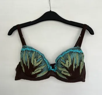 🔹 Ensemble lingerie jungle chic – Marron & broderies vert/bleu – Charlott’ 90C🔹