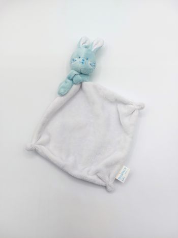 Doudou peluche lapin bleu RIVADOUCE bébé mouchoir blanc
