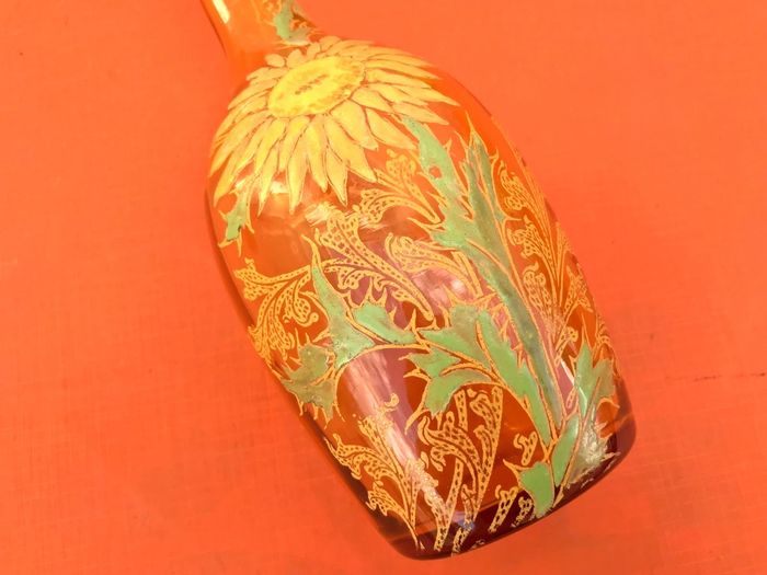 Années 1900'  Carafe à liqueur Verre ambre soufflé et émaillé  Décor tournesol - photo numéro 4