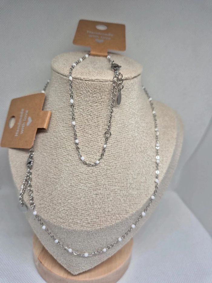 Parure argenté de 2 bijoux : 1 collier et 1 bracelet blanc blanches 🌸 Acier inoxydable