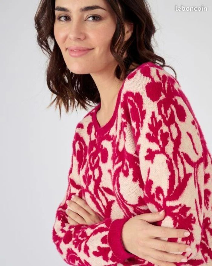 Pull jacquard et fil poilu - couleur rose jacquard - taille 46/48- Damart - photo numéro 2