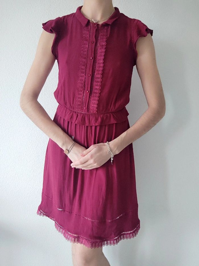 Robe midi droite cintrée dentelle rose foncé prune / NafNaf - 36/S à 38/M