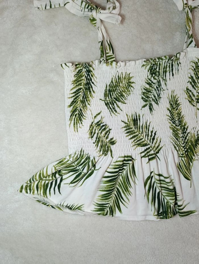 Top peplum court évasé tropical H&M M vert et blanc coton élasthanne - photo numéro 5