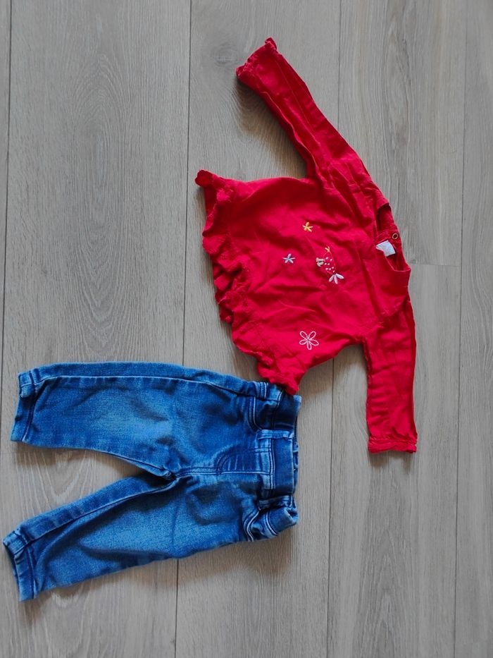 Ensemble Blouse rouge brodée & Jean 6 mois - photo numéro 1