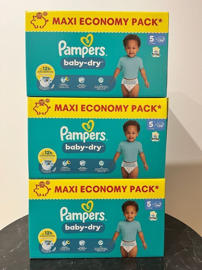 🔹3 Packs Pampers Baby-Dry Taille 5 Maxi Economy – 282 couches – Neufs scellés 11–16 kg