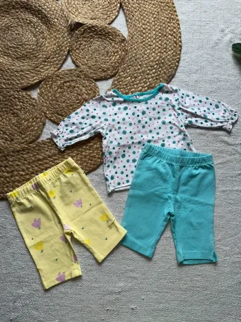 Lot fille 1-3 mois teeshirt pois + 2 leggings pantacourt