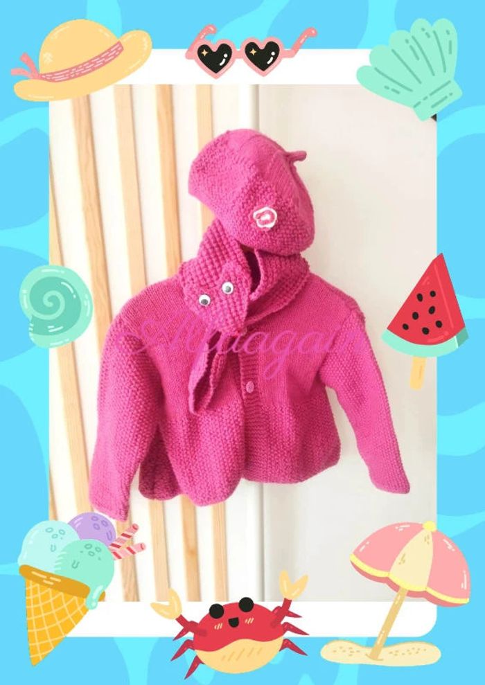 Gilet bonnet écharpe rose framboise tricot 3/4ans
