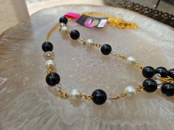 Collier Sautoir Grappe Doré Noir Et Blanc Cristal - photo numéro 9