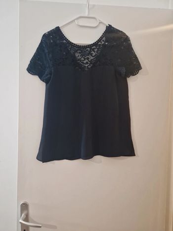 Blouse manche courte femme été bleu marine col dentelle a nouer dans le dos TBE taille S zara