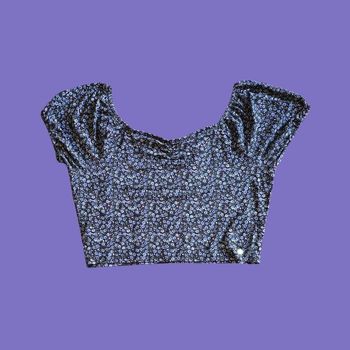 Crop Top Lulu Castagnette Imprimé Fleuri Liberty Encolure Dégagée Noir & Violet Taille 42 XL Très Bon État