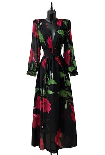 Robe longue noires à fleurs rouges