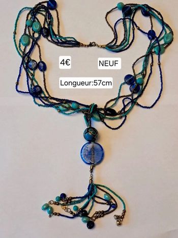 Collier long NEUF avec perles bleues vertes et dorées