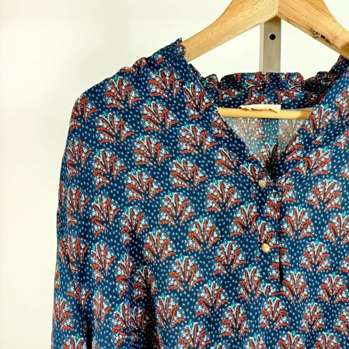 Blouse bohème à motif fleuri bleu et orange - col volanté - Melya Melody T4 A1315 - photo numéro 3