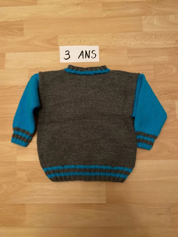 Pull tricoté main gris/turquoise LÉO 3 ans - photo numéro 5