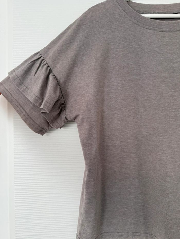 Haut t-shirt gris à manches courtes volants uni basique simple col rond - photo numéro 2