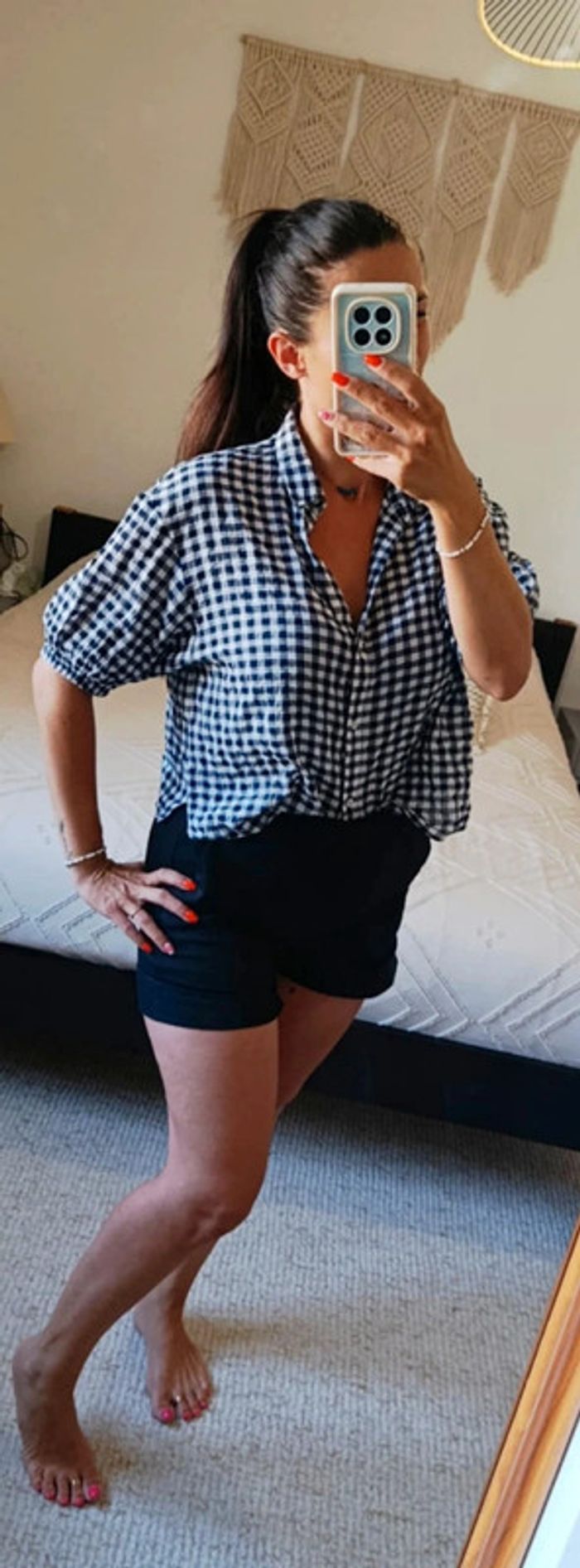 Chemisier court croc top Violeta by Mango L vichy bleu marine à carreaux coton élasthanne - photo numéro 5