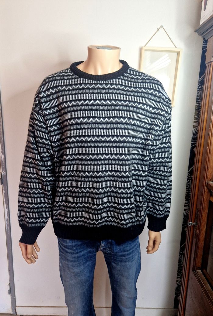 Pull en maille à motifs Noir/Gris/Blanc Vintage Taille L Homme Pull