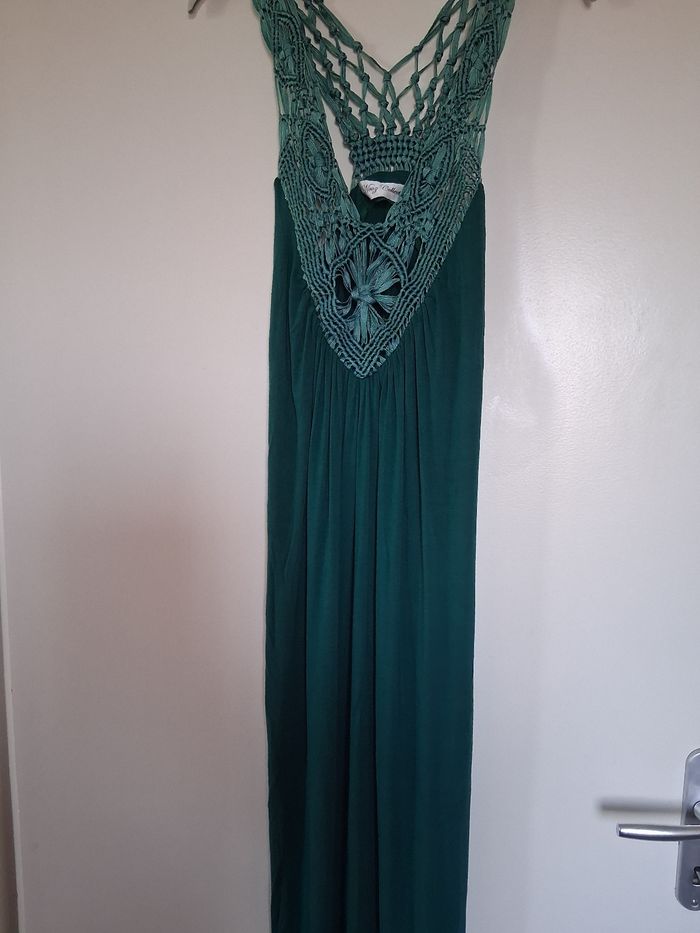 Robe longue dos épaules dénudé macramé vert " t- S" - photo numéro 2