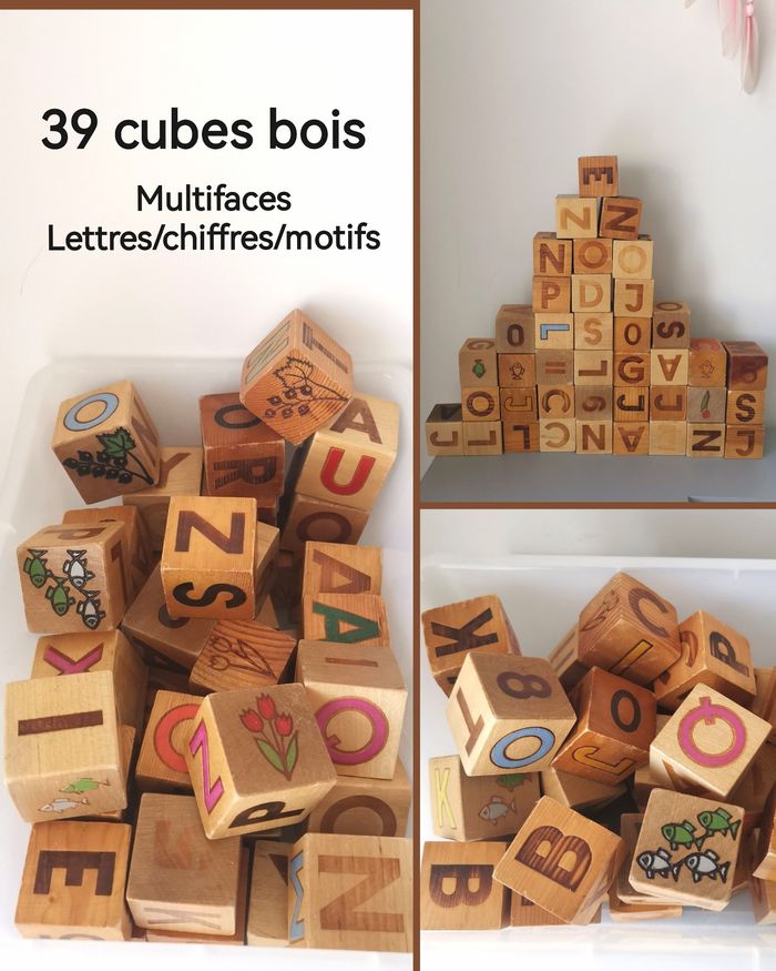 Lot cubes bois chiffres lettres symboles