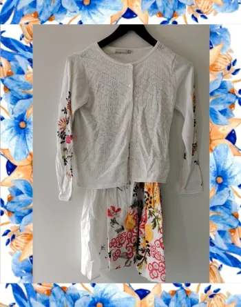 Ensemble robe + gilet blanc fleuri CAtimini 10 ans