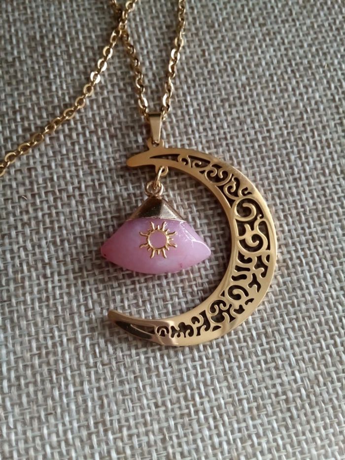 Collier lune filigranée et pierre quartz rose - photo numéro 5