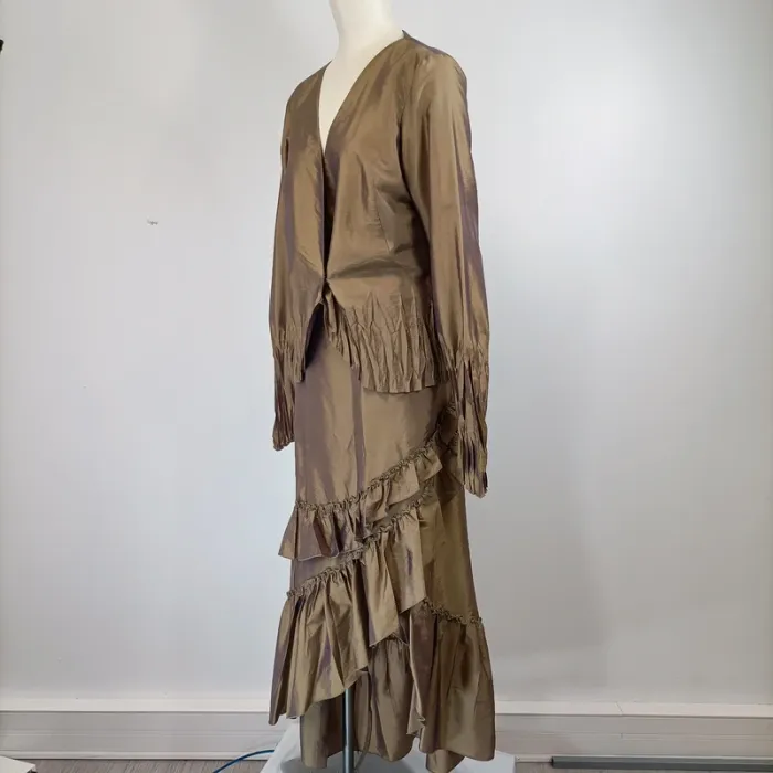 Ensemble tailleur jupe longue à volants Vert irisé violet - Florence Korn pour ECRU - Taille 46 A053 - photo numéro 2