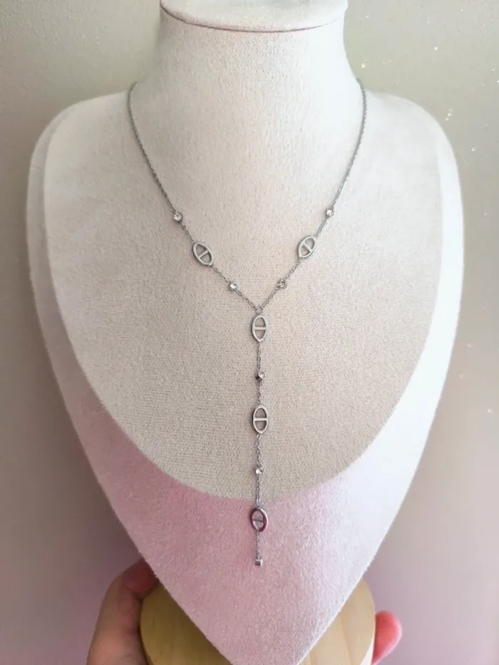 Pendentif argenté en Y maille marine et zircons - photo numéro 8