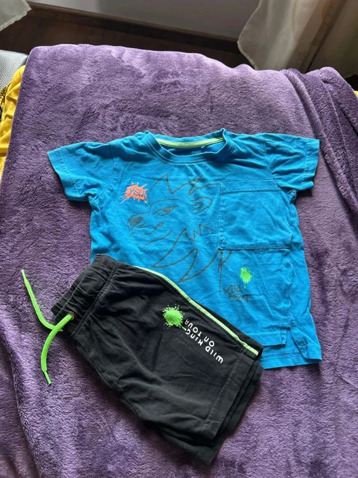 ensemble été garcon en coton organique short & t-shirt thème wild lion Blue seven taille 3 ans