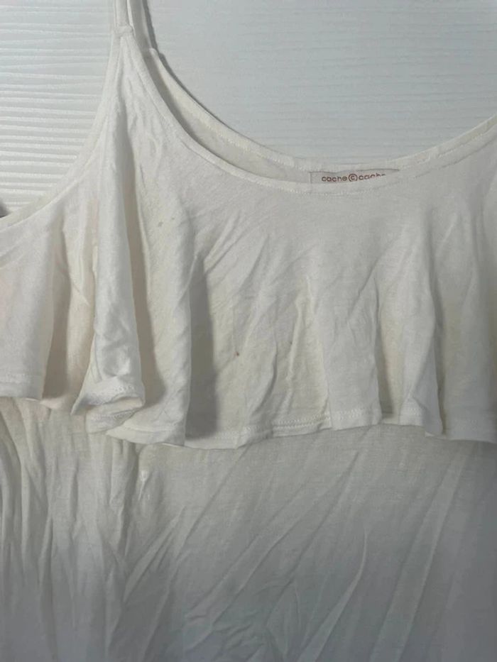 Haut débardeur fluide léger à bretelles fines blanc crème uni à volants décolleté - photo numéro 3