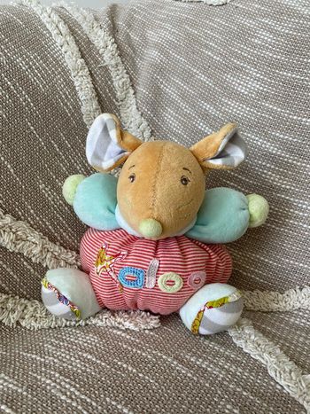 Peluche doudou boule 18cm Kaloo souris rouge rayé et bleu très bon état