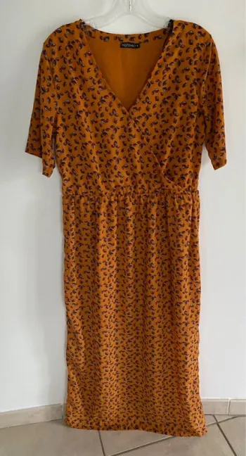 Robe longue in extenso manche courte doubler rouille imprimée feuille
