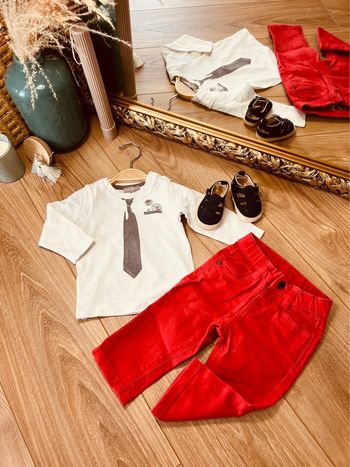 Taille 6 mois ensemble 2 pièces garçon grain de blé blanc et rouge * cravate * 💙