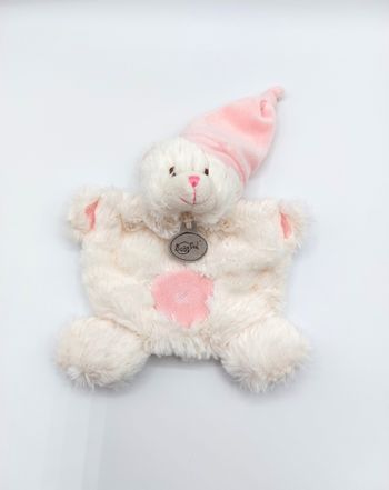 Doudou plat ours fourrure blanc cassé écru BABY NAT Babynat bonnet rose croix