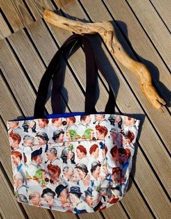 Sac cabas shopping week-ender réversible vintage illustrations Norman Rockwell marinière noire/bleue
