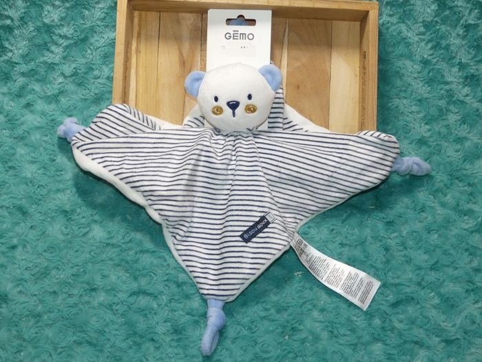 Doudou plat ours Gémo bleu blanc Bisou doux 🐻neuf