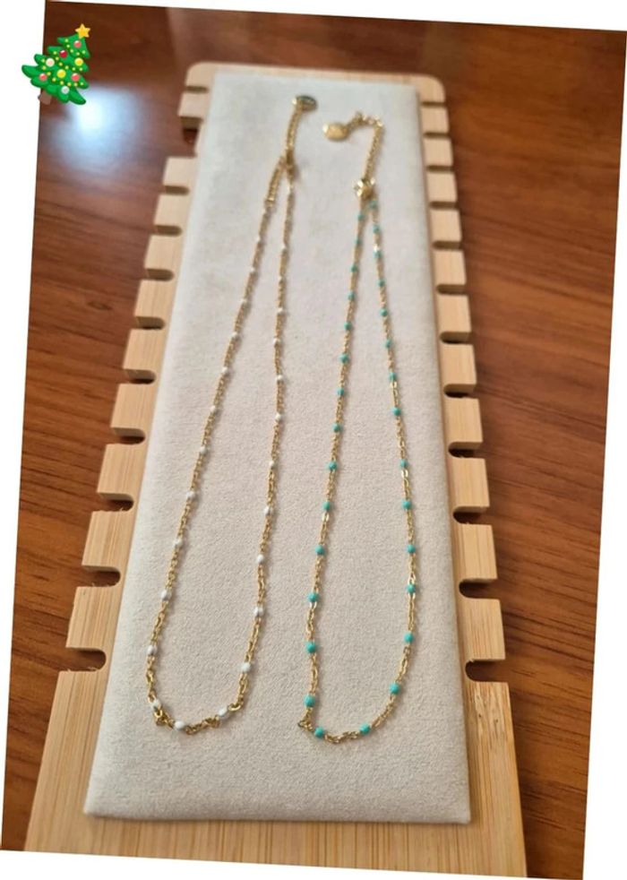 2 Colliers style gigi tour de cou dorée acier inoxydable perles Turquoise et blanc 🌸 35 cm à 41 cm - photo numéro 4