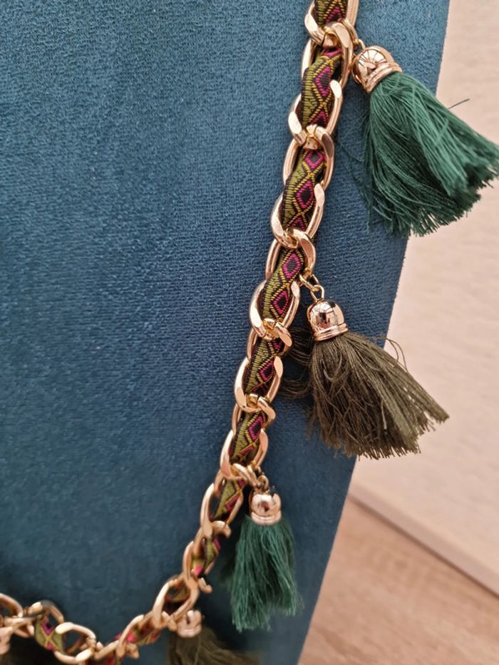 Collier Sautoir Boheme Doré Pompons Verts Ruban Multicolore - photo numéro 5