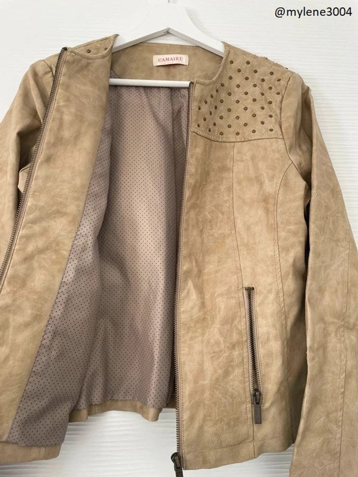 Veste perfecto classe similicuir beige marron camel avec poches et strass fermeture éclair - photo numéro 2