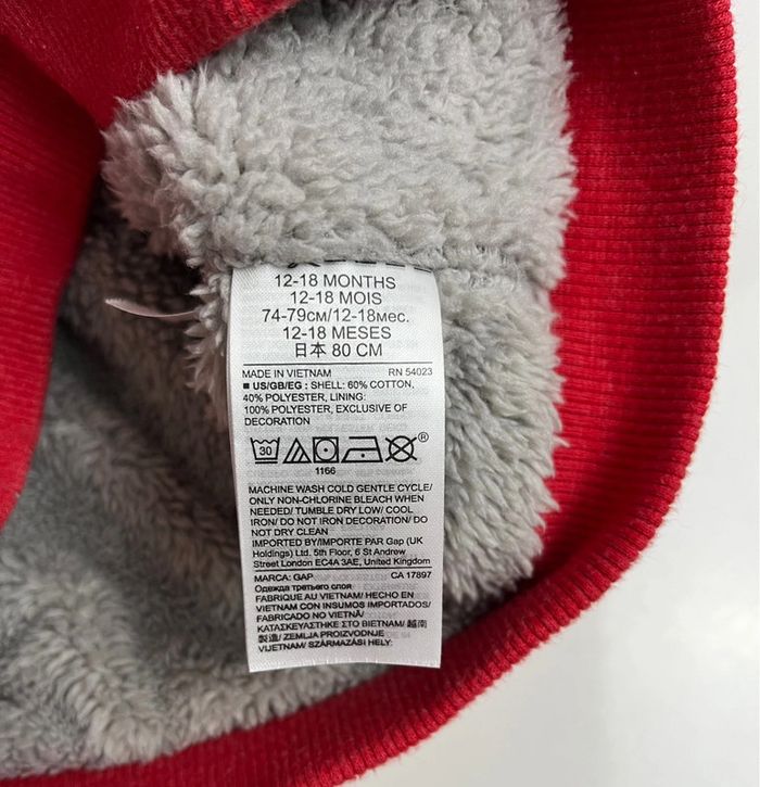Gilet chaud à capuche rouge et gris GAP pour bébé 12-18 mois - photo numéro 4