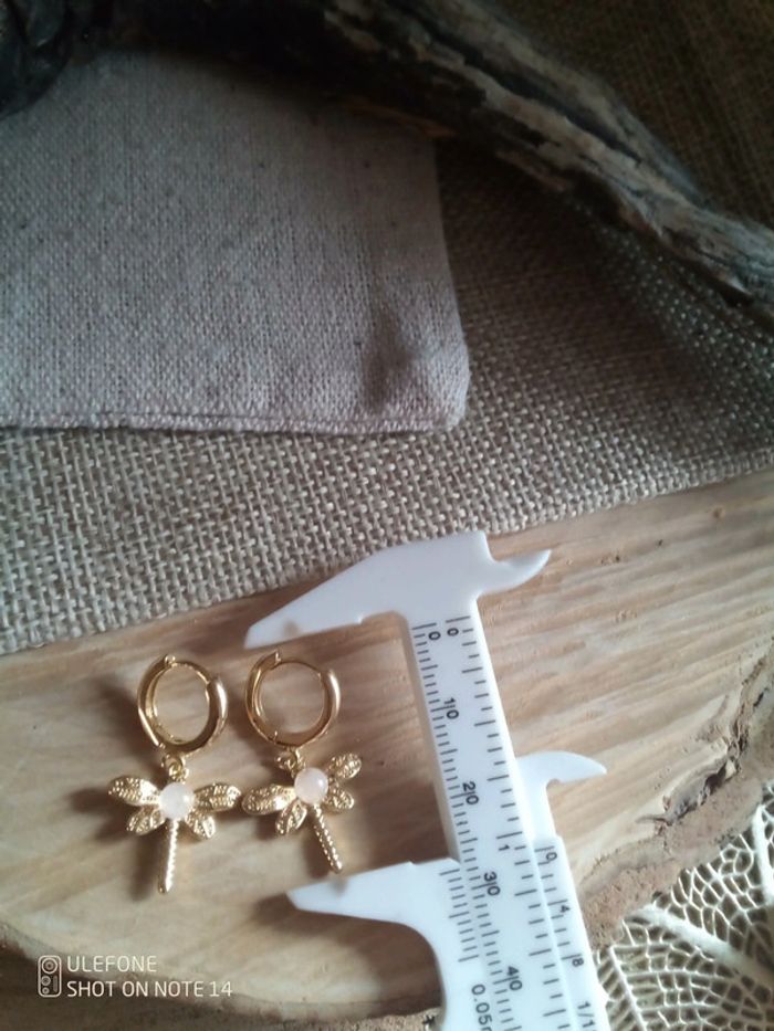 Boucles d'oreilles libellules et pierres de quartz rose - photo numéro 2