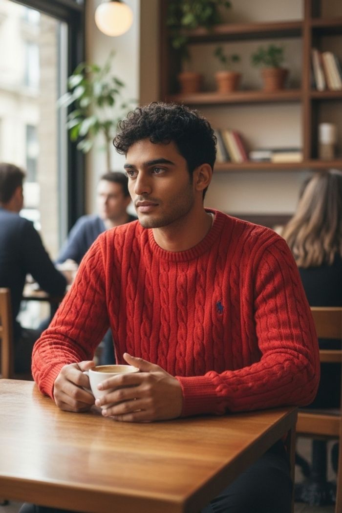 Pull torsadé col rond Polo Ralph Lauren rouge taille S logo brodé jaune - photo numéro 10