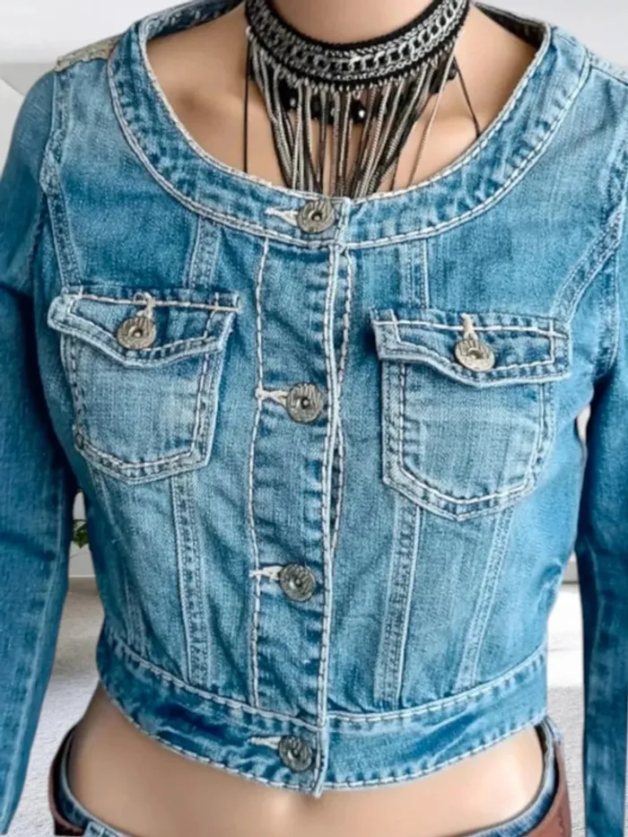 Veste jean La Mode Est à Vous, coupe cropped , col rond large - photo numéro 6