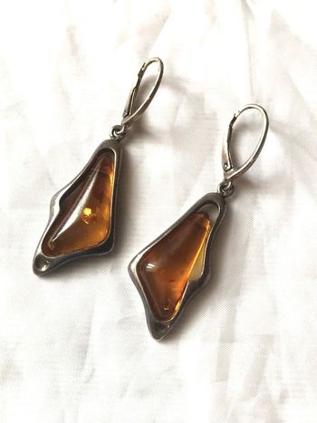 Boucles Oreilles Pendantes Pierre Géométrique Orangée Ambre Bijoux Argentés Fantaisies Femmes