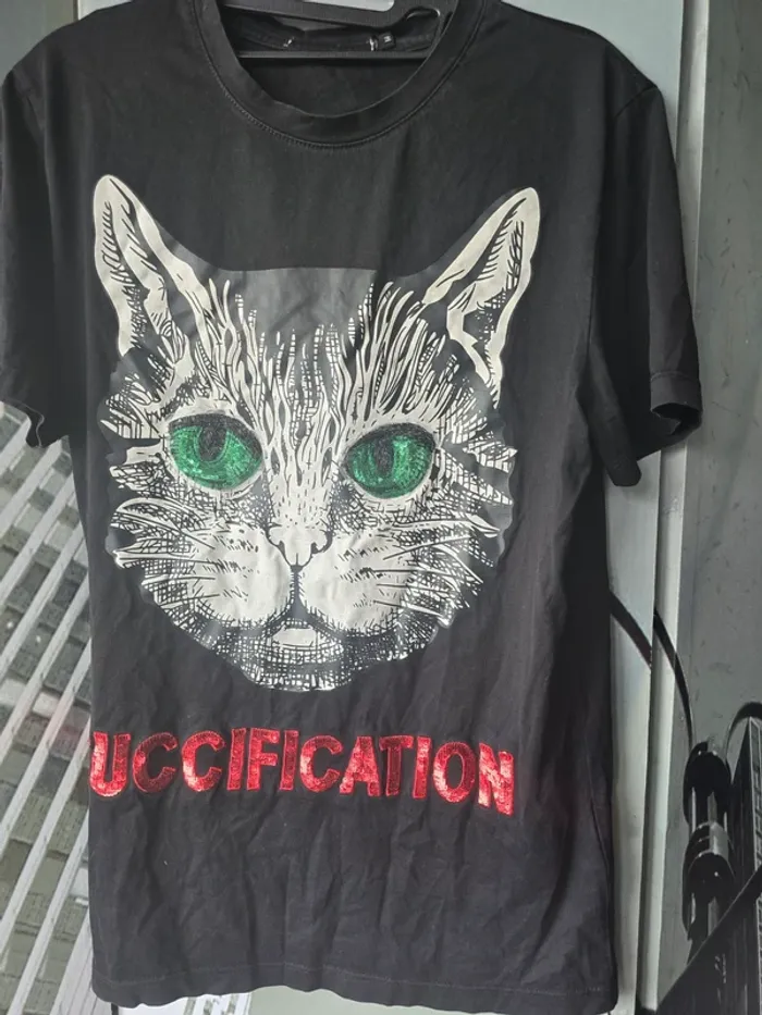 Tee-shirt femme noir avec joli imprimé chat - photo numéro 3