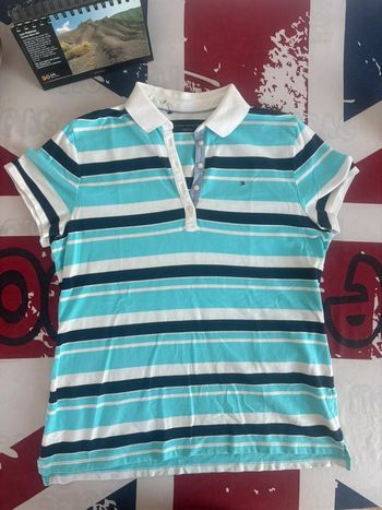 Polo Tommy Hilfiger taille L/XL blanc liserés bleu col V ouvert