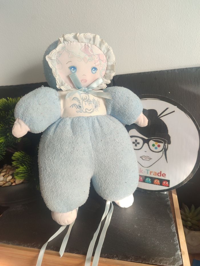 Ancien doudou poupée chiffon tissu bleu blanc mundia chat éponge Noeud Peluche