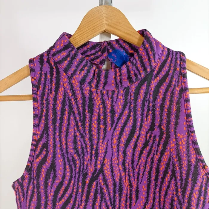Top sans manches imprimé graphique M col montant noir violet orange jacquard rétro A1356 - photo numéro 2