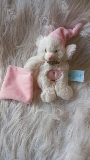 Doudou ours pantin blanc et rose - Mouchoir  - Baby Nat