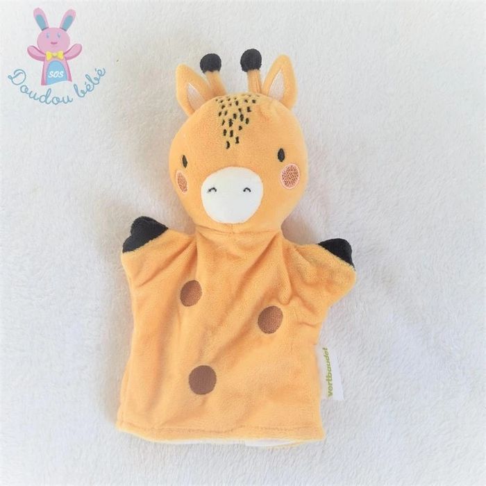 Doudou marionnette Girafe jaune pois marron Vertbaudet