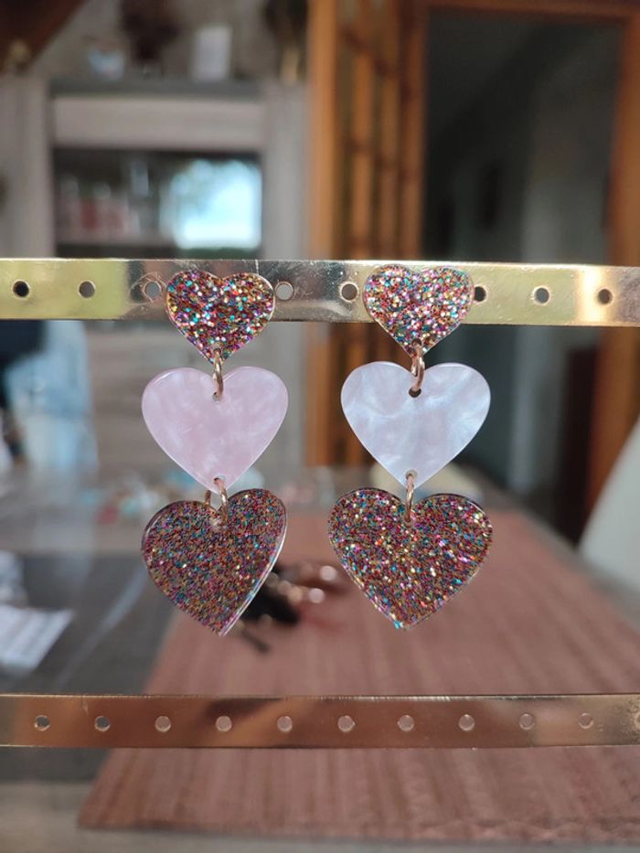 Boucle d'oreilles cœurs rose - photo numéro 2